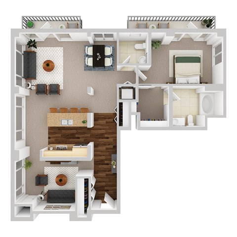 Floor plan for 1 bed, 1.5 baths, 1268 sqft